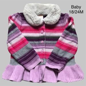 EUC, Gymboree Baby Girl Striped Cardigan with Faux Fur Collar Size 18-24 Months